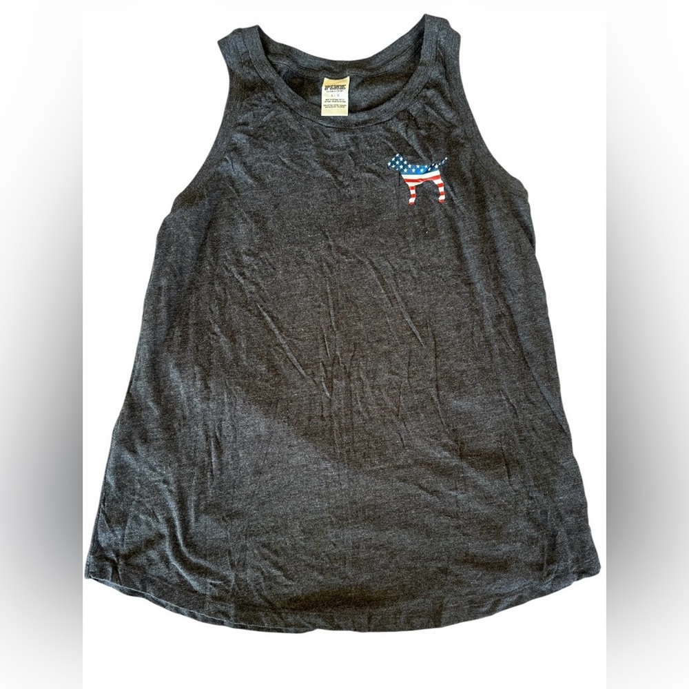 Victoria’s Secret PINK Gray Tank Top w/ USA Flag Patriotic Dog Sequin size L